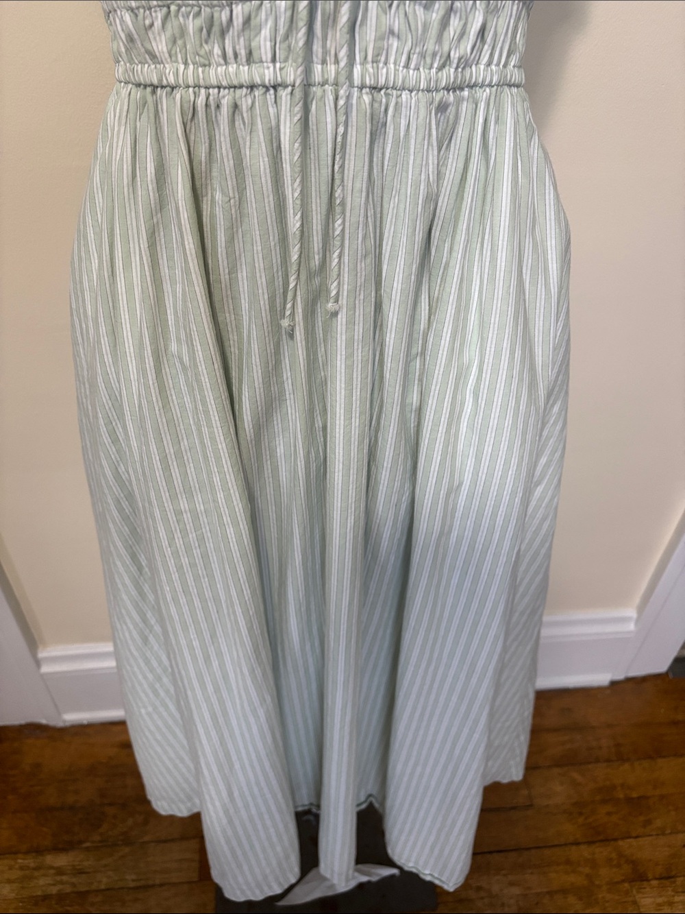 Old Navy Sage Green Striped Midi Dress with Ruffled Straps and Smocked Waist - Picture 3 of 15